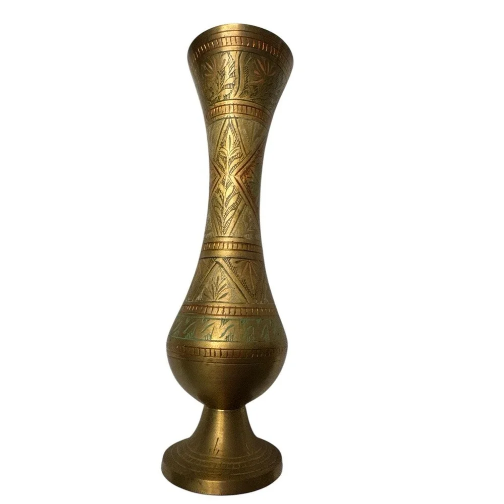 Vintage Brass ‎ Hand Etched Vase Made In India 10